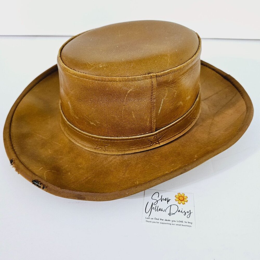 Vtg Leather Gambler Cowboy Hat Tan Brown Star Embossed Band Western Rugged Sz 7